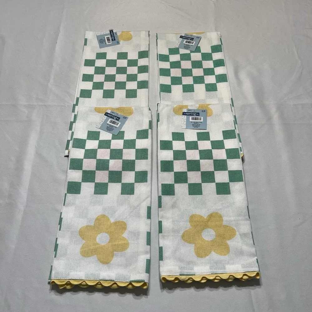 The Spring Shop Floral & Check Kitchen Towel 100% Cotton 18x28 Set Of 4 New
